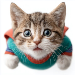 High-angle portrait of a cute tabby kitten wearing a green and orange knit sweater looking up with big curious eyes