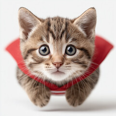 High-angle studio portrait of a small tabby kitten with big expressive eyes wearing a vibrant red cape, isolated on a white background
