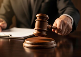 Judges gavel on a wooden table with a lawyer in the background