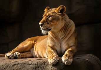 Fototapeta premium Lioness resting on a rock with a dark background and warm lighting