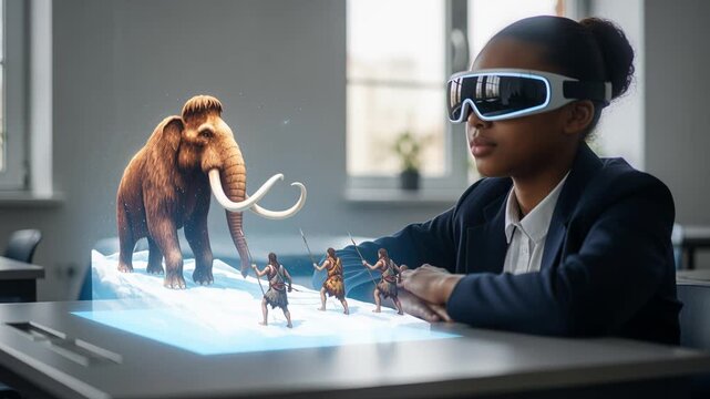 Black Girl Researcher Analyzing Holographic Mammoth On Lab Table