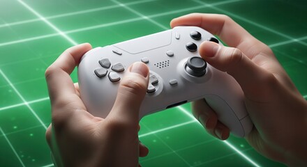 Close-up of hands holding a white wireless video game controller against a vibrant green futuristic grid background while playing a console game.