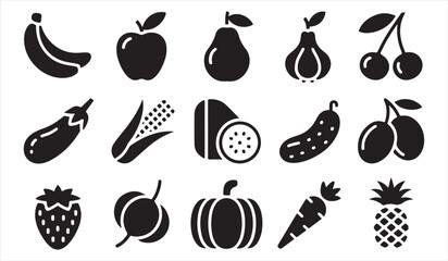 Fruit and vegetable silhouette icon set with fresh produce symbols