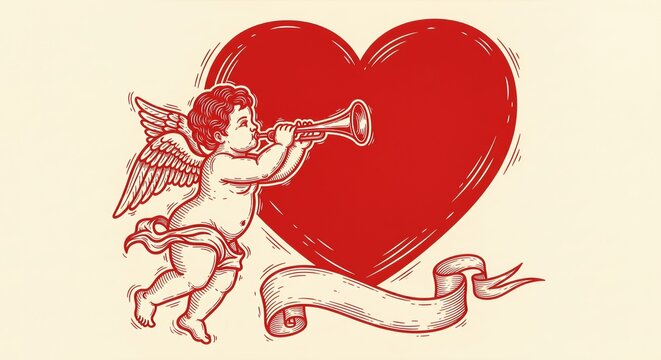 Vintage engraving style illustration of a cherub Cupid blowing a trumpet in front of a large red heart with a blank ribbon banner for text, perfect for Valentine's Day greetings.