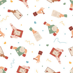 Flat mail seamless pattern background with letter, envelope, paper, post, and handwritten message motif. Hold correspondence and seamless mail concept highlight flat style pattern, creative paper