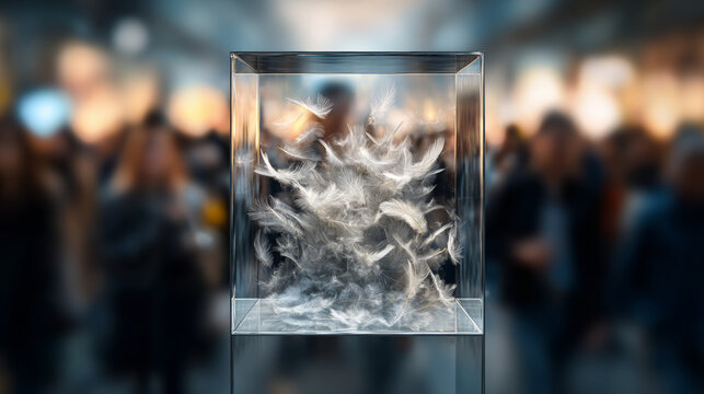 White feathers suspended within a transparent glass case, a minimal contemporary installation in a public gallery symbolizing fragility, protection, confinement, and quiet grace