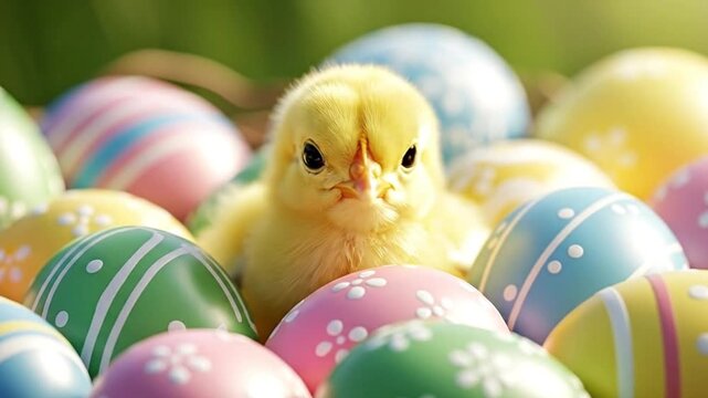A cute broiler chick nestled among colorful Easter eggs in a bright setting.