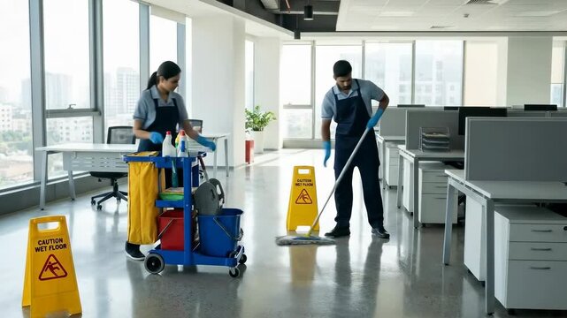 Cleaning staff member mops shiny office floor with cleaning cart and supplies nearby. Bright workspace setting with large windows. Concept of facility services, office maintenance, sanitation