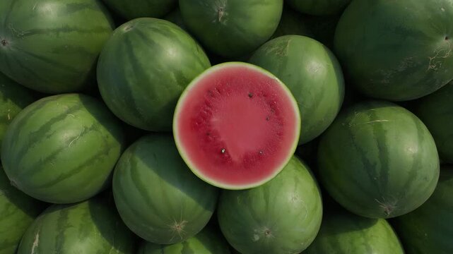 Whole green watermelons with one cut open showing red flesh, fresh summer fruit, ripe watermelon harvest, healthy food, juicy tropical produce, market display, natural background, top view concept