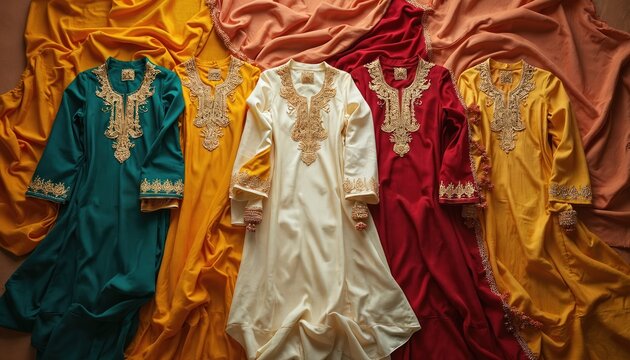 Five colorful Indian kurtis with gold embroidery lay spread on draped fabric. Traditional women outfits include matching leggings and dupattas for festive occasions. Rich ethnic wear.