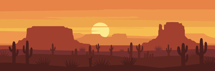 desert sunset illustration with cacti mesas and layered silhouettes