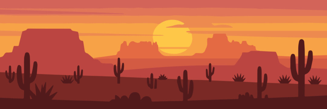 desert western horizon sunset composition with sun and cacti