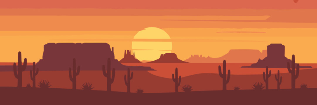 desert minimal flat design sunset scene with mesas and shrubs