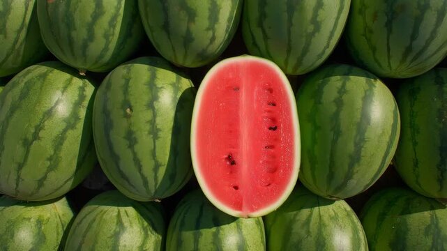 whole green striped watermelons arranged tightly together, straight vertical bird&rsquo;s-eye perspective. Frame fully filled with oval watermelons touching edge to edge, creating dense