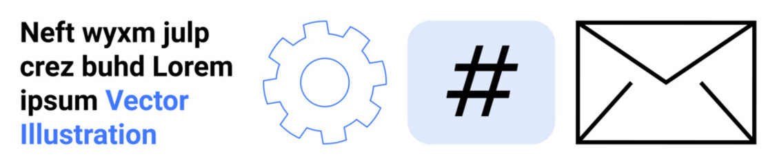 Fototapeta premium Gear symbol for settings, hash for social media or trending, and envelope icon for communication. Ideal for technology, social media, communication, innovation, networking, productivity simple