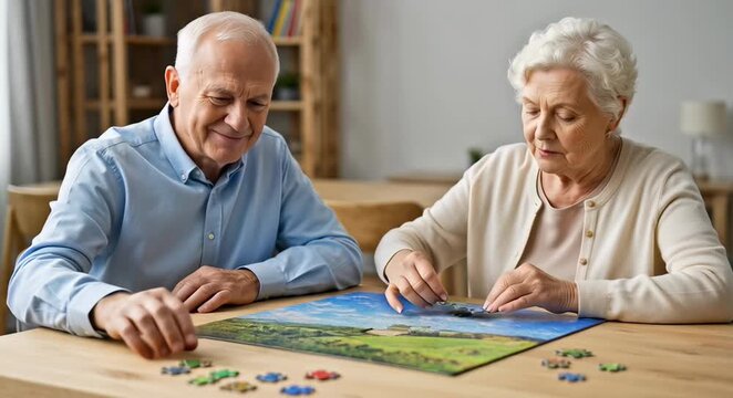 Elderly couple solving puzzle together at home. Mental activity, partnership, active aging lifestyle.