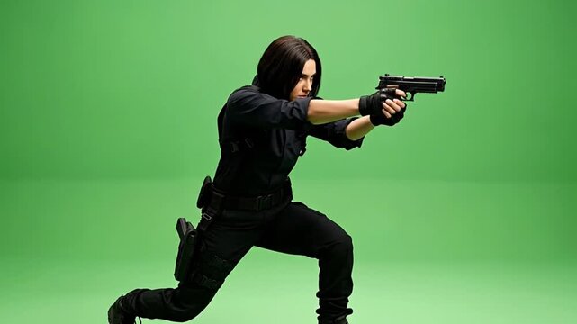 A determined figure poses dramatically with a firearm on a green backdrop.