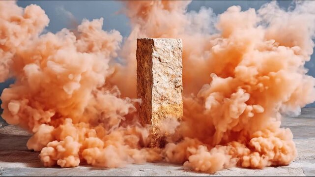 Stone pillar amidst vibrant peach-colored clouds, set against a concrete surface