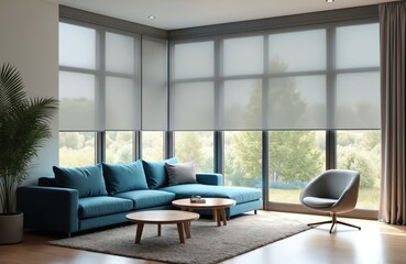 Fototapeta premium Modern living room with teal sectional sofa and accent chair. Large windows with sheer roller blinds overlook green trees and nature. Interior design space offers comfort and natural light.