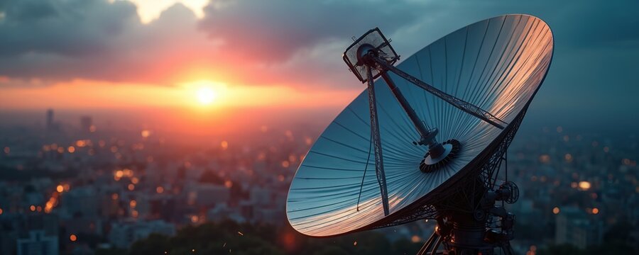 Satellite dish aims skyward above city skyline during sunset. Large parabolic antenna receives signals from space. Global communication network tech receives information transmission.