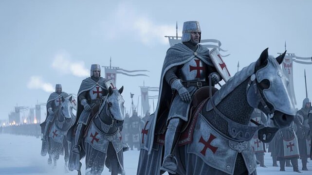 Sturdy Templar soldiers advancing through icy terrain under banners