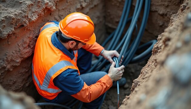 Construction worker in safety gear installs cables underground. Technician handles fiber optic wires in a trench. Professional man works on utility infrastructure project for internet connection.