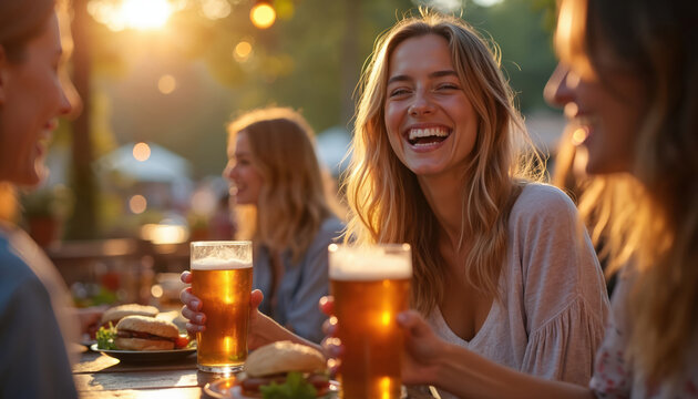 Friends at beer garden laugh drink beer and eat burgers. Golden hour sunset light. Young women enjoy outdoor meal, social gathering, casual meeting, outdoor dining.