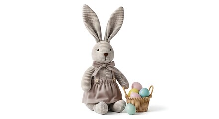 A charming stuffed bunny doll with a basket of Easter eggs, perfect for the holiday season