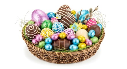 A delightful Easter basket filled with colorful eggs and decorative treats, evoking joy and festivity.