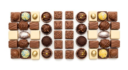 A delectable assortment of chocolates beautifully arranged in an overhead shot. The different shapes and flavors are a feast for the eyes