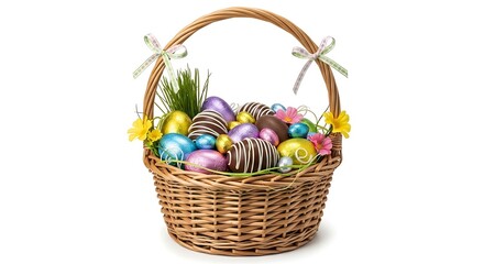 A decorative wicker basket brimming with colorful Easter eggs, a delightful springtime symbol of renewal and celebration.