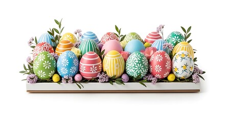 Colorful Easter eggs arranged with decorative flowers, a festive holiday display