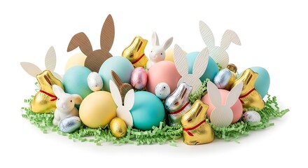 An array of colorful Easter eggs and bunny decorations, creating a festive atmosphere. The eggs are painted in various pastel hues, and surrounded by bunny figures.