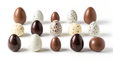 A selection of assorted chocolate eggs, perfect for Easter celebrations. The eggs come in various shades and textures, arranged elegantly in a row