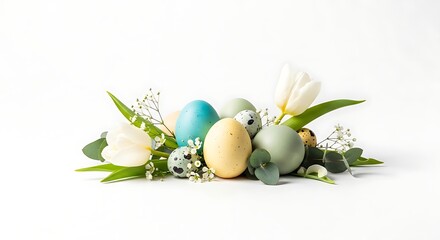 Easter eggs and spring flowers creating a beautiful seasonal arrangement. Colorful eggs and delicate blooms evoke a sense of renewal and celebration
