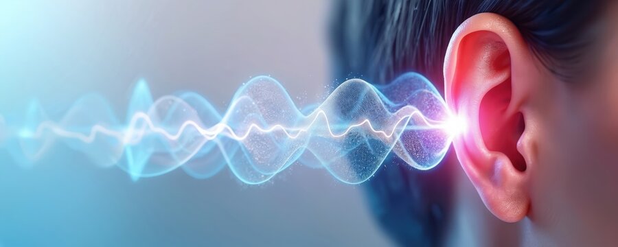 Abstract sound waves enter human ear. Digital energy pulse flows through audio perception channel. Science concept illustration, hearing process and wave analysis.