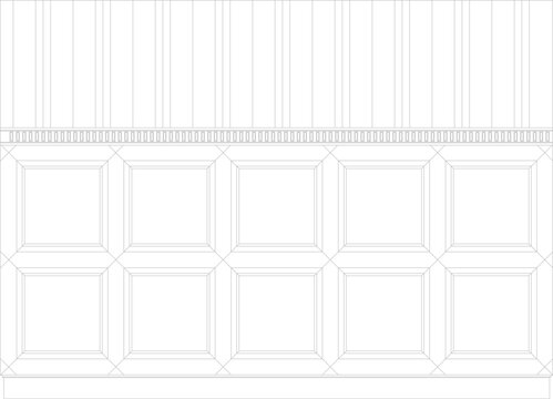 Technical vector illustration of a classic wall wainscoting elevation, featuring recessed square panels and vertical slats in line art
