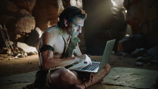 A caveman wearing primitive clothing uses a modern laptop inside a dimly lit stone cave. Concept of time contrast, technology evolution, and prehistoric life with digital tools.