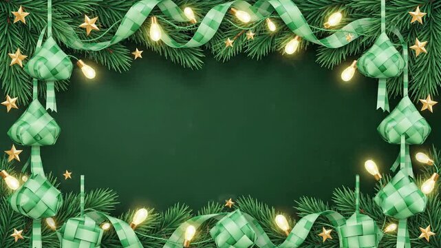 Elegant green holiday border featuring 3D woven diamond ornaments, pine branches, and warm string lights. Ideal for seasonal sales banners or religious event backgrounds.