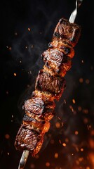 Grilled Meat Skewer with Flames and Sparks Dramatic Barbecue Closeup
