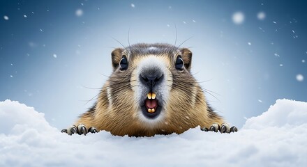 Frightened groundhog emerging from snowy burrow on a winter day