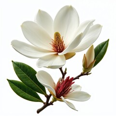 Fototapeta premium Southern Magnolia tree branches with white flowers and green leaves. One bloom is closed bud, another is open with red center detail. Isolated on pure white.