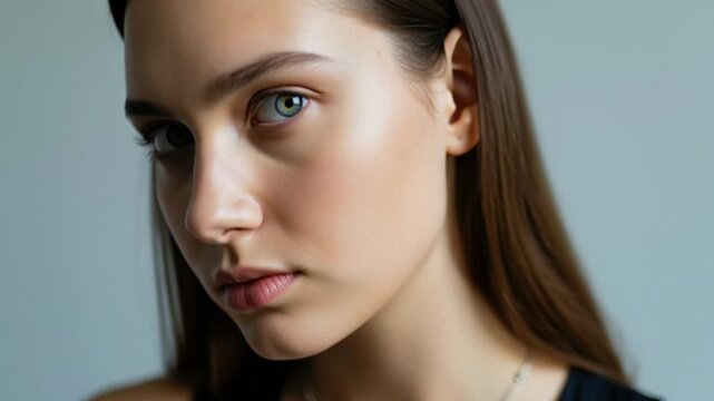 Close-up of a young womans face with natural makeup and blue eyes looking directly at the camera.