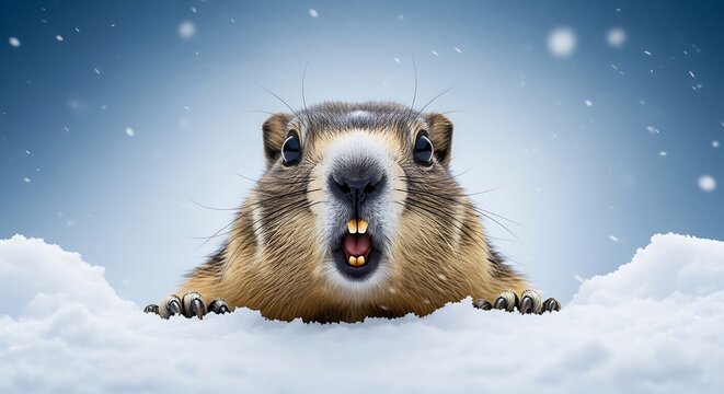 Frightened groundhog emerging from snowy burrow on a winter day