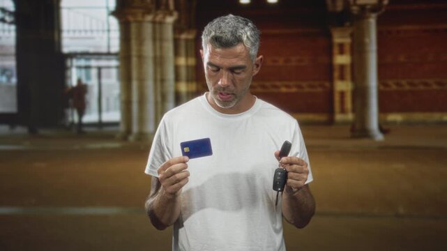 Man holding creditcard and car keys with visible right hand fidgeting in a building concourse, tense expression and distracted gaze; financial anxiety.