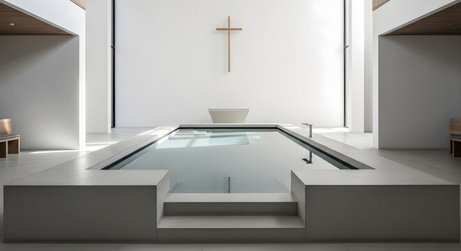 Modern Church Baptism Pool with Cross in Minimal Christian Interior