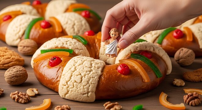 Decorating rosca de reyes with nuts and fruits on a brown surface is a traditional mexican activity