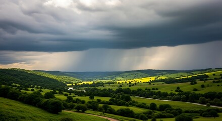 Fototapeta premium Open Green Field Under Dramatic Cloudy Sky