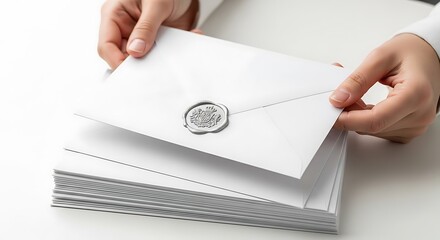 Obraz premium Person holding envelope with silver seal over stack of envelopes on white surface