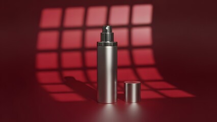 A sleek silver spray bottle and cap on a red background with window shadows